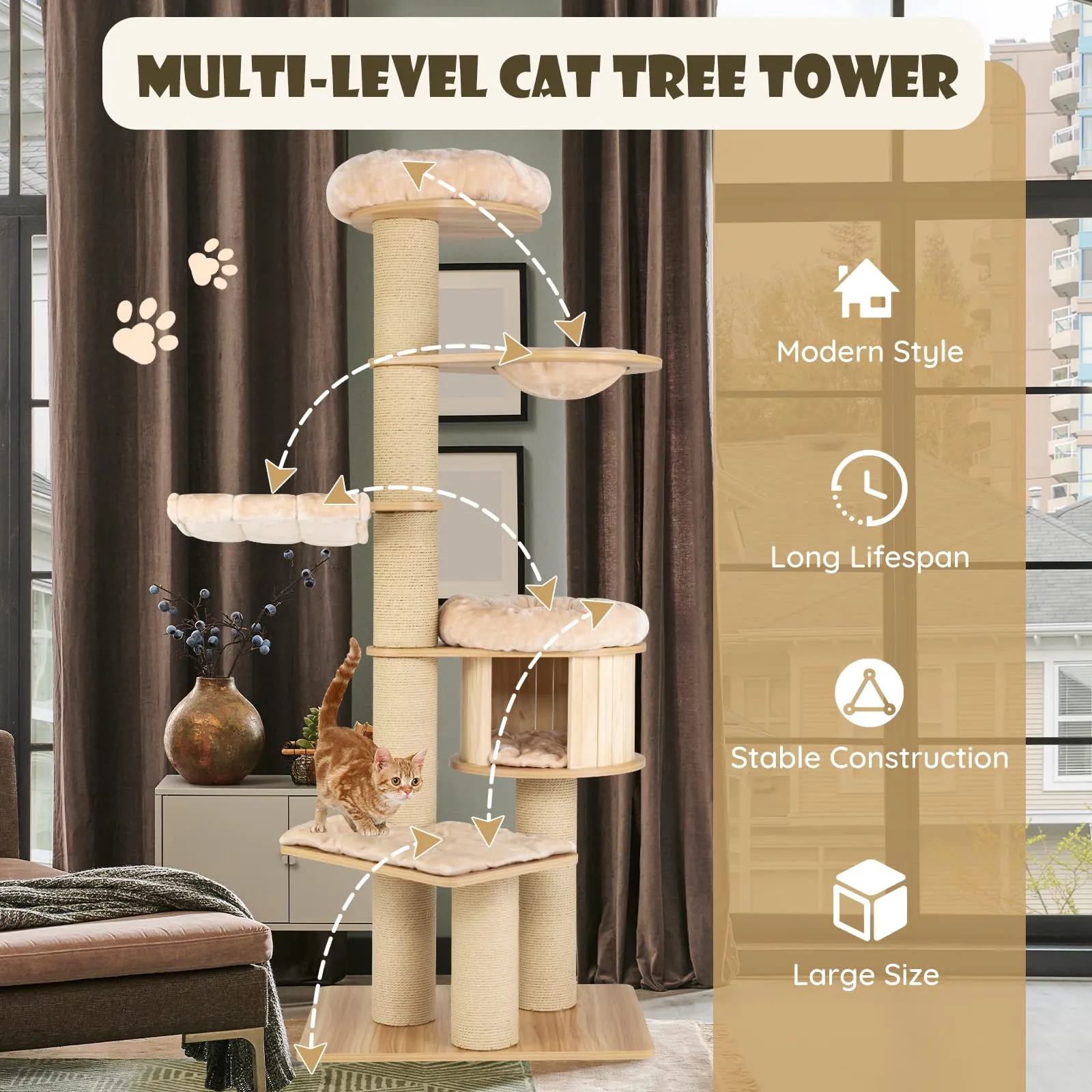 Tangkula Large Cat Tree Tower, Multi-Level Tall Cat Tree with Sisal Posts, Hammocks & Hanging Basket for Indoor Large Cats