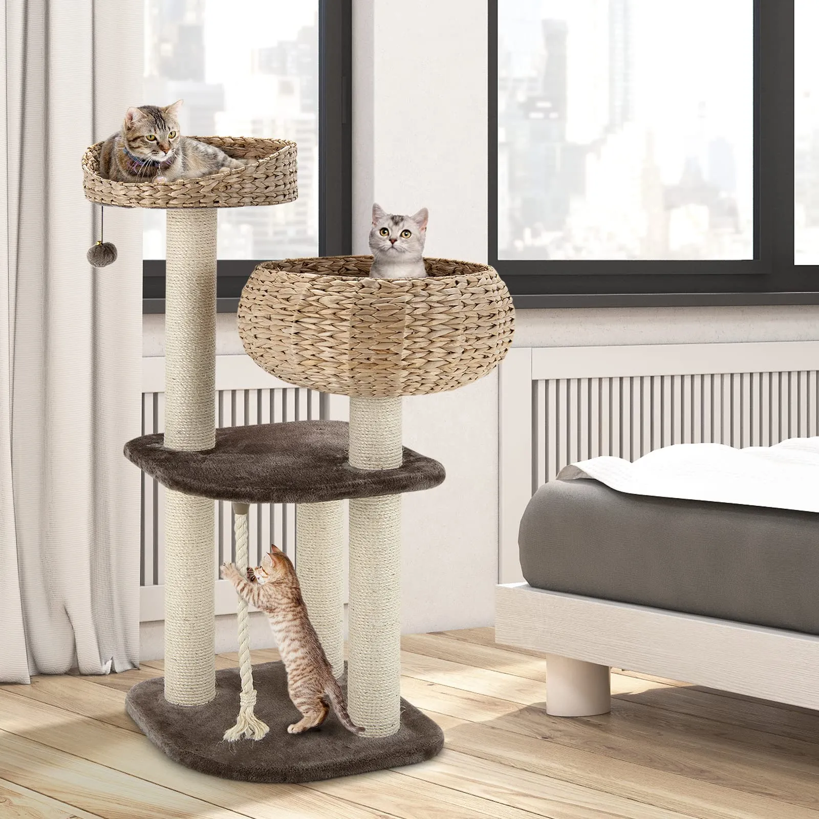 Tangkula Modern Cat Tree for Indoor Cats, 41 Inch Tall Cat Tree with Hand-Made Wicker Cat Condo & Top Perch for Large Cats