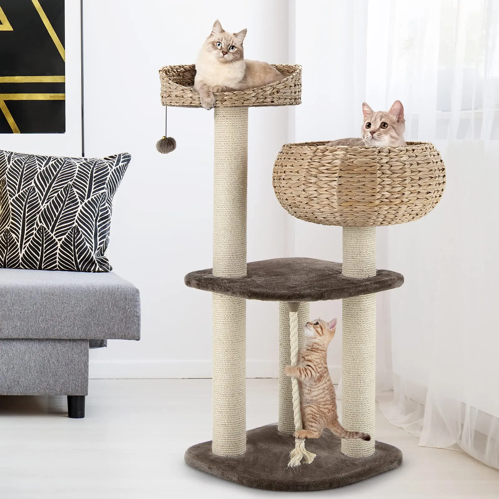 Tangkula Modern Cat Tree for Indoor Cats, 41 Inch Tall Cat Tree with Hand-Made Wicker Cat Condo & Top Perch for Large Cats