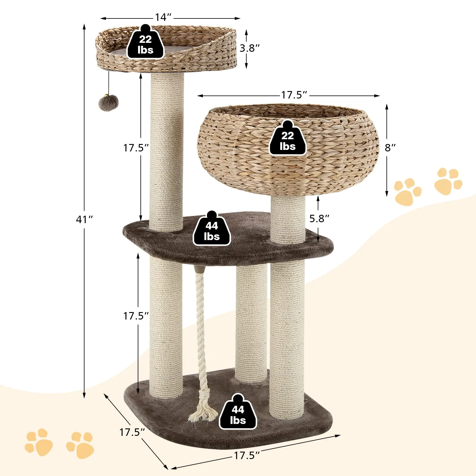 Tangkula Modern Cat Tree for Indoor Cats, 41 Inch Tall Cat Tree with Hand-Made Wicker Cat Condo & Top Perch for Large Cats