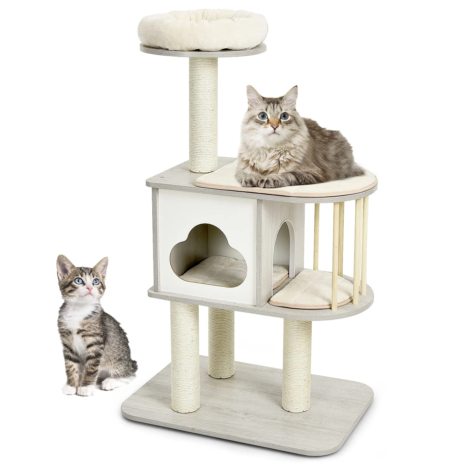 Tangkula Modern Wood Cat Tree, 46 Inches Cat Tower with Platform, Cat Activity Center with Scratching Posts and Washable Cushions