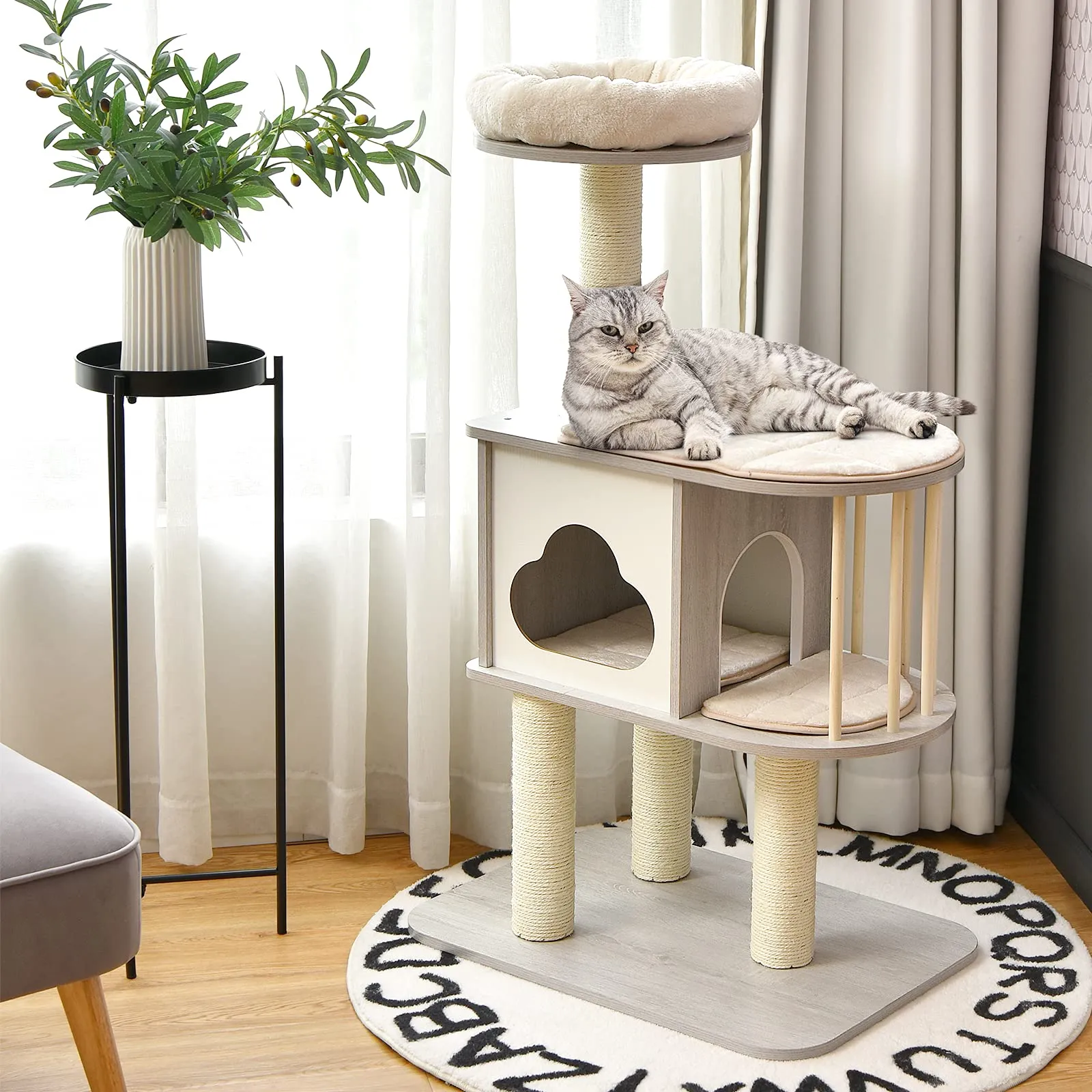 Tangkula Modern Wood Cat Tree, 46 Inches Cat Tower with Platform, Cat Activity Center with Scratching Posts and Washable Cushions