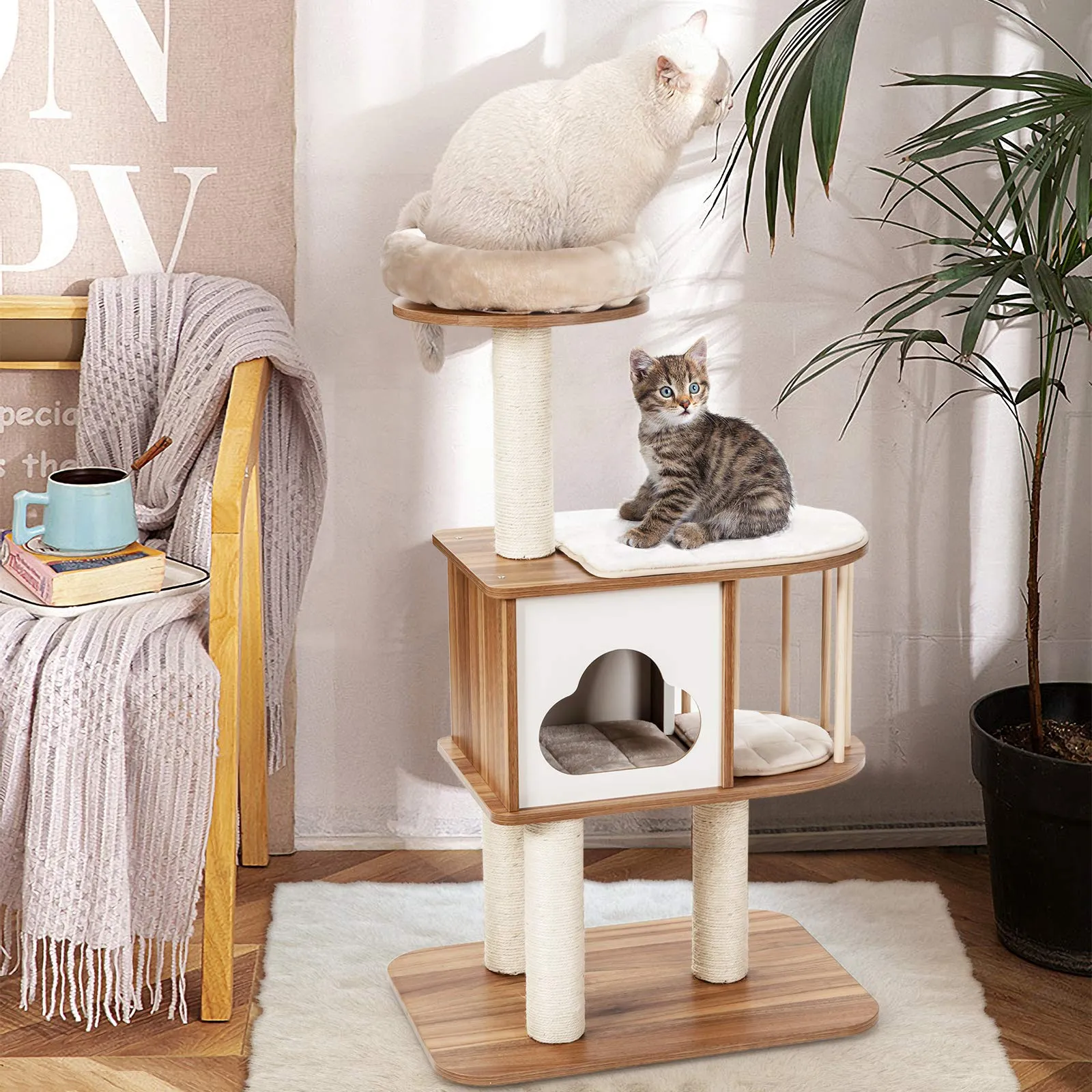 Tangkula Modern Wood Cat Tree, 46 Inches Cat Tower with Platform, Cat Activity Center with Scratching Posts and Washable Cushions