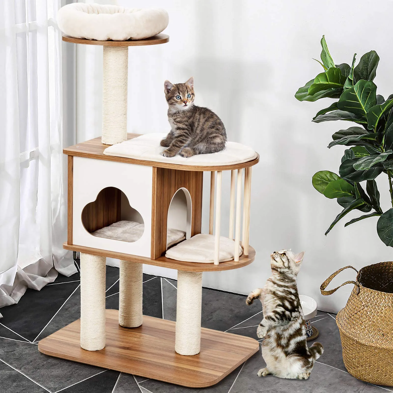 Tangkula Modern Wood Cat Tree, 46 Inches Cat Tower with Platform, Cat Activity Center with Scratching Posts and Washable Cushions