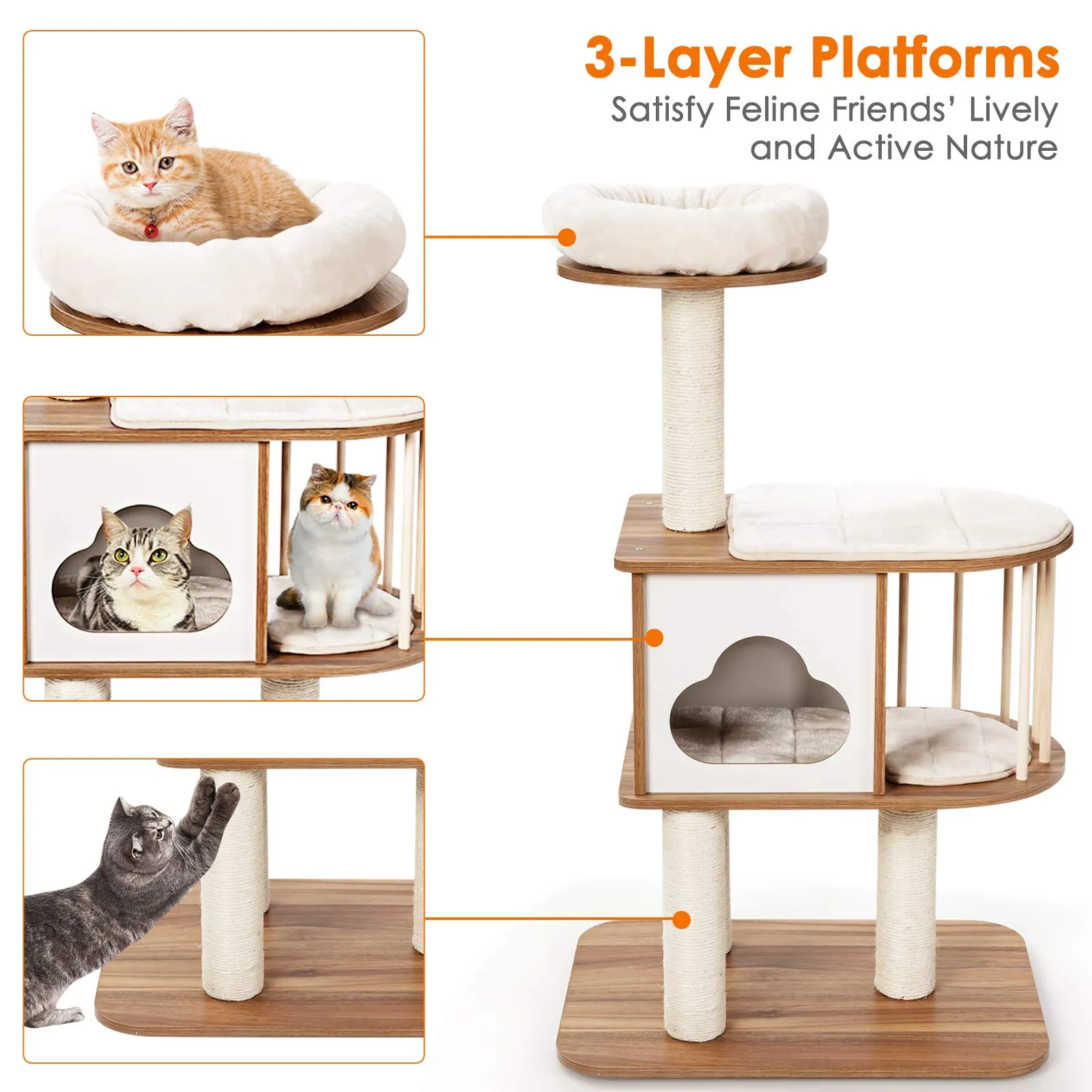 Tangkula Modern Wood Cat Tree, 46 Inches Cat Tower with Platform, Cat Activity Center with Scratching Posts and Washable Cushions