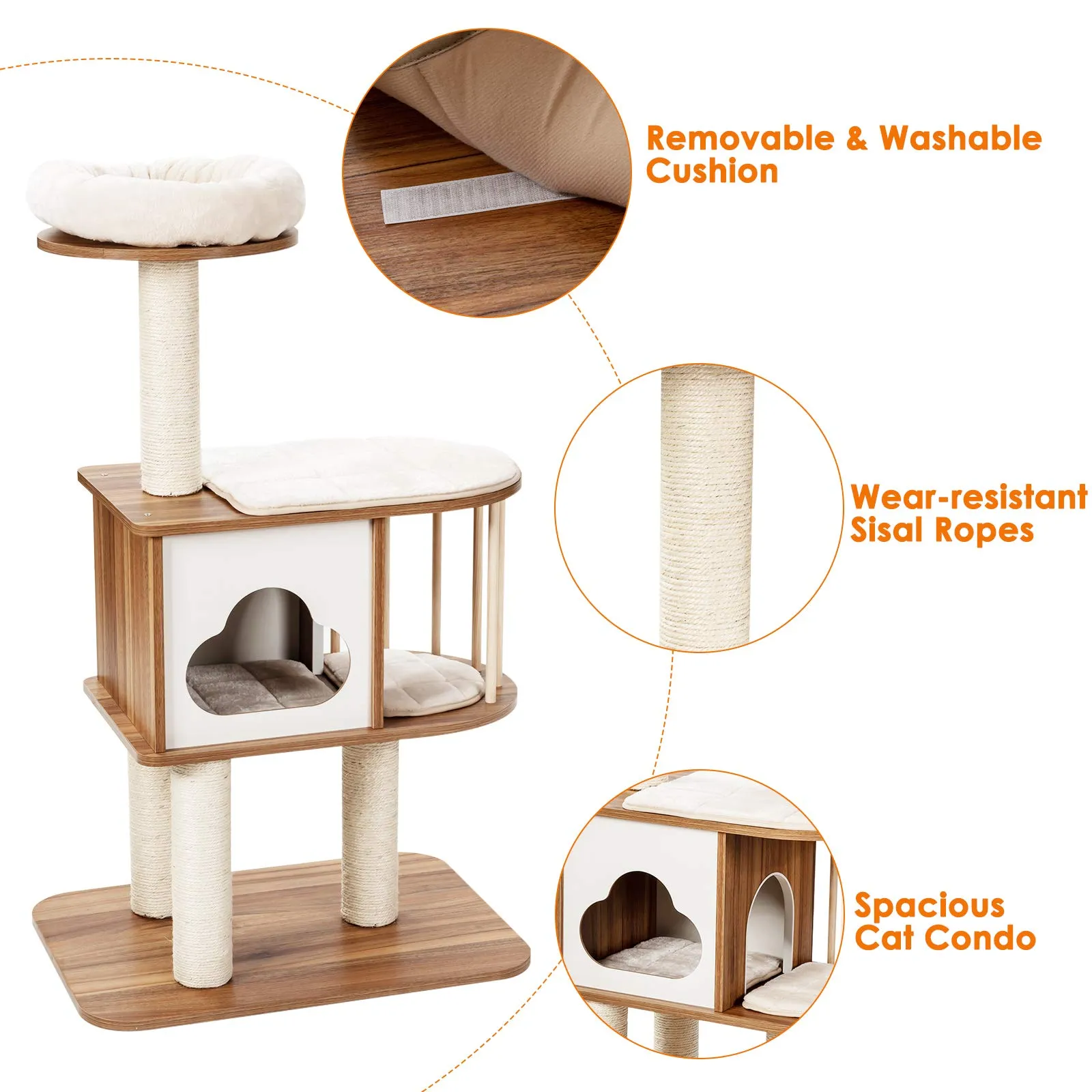 Tangkula Modern Wood Cat Tree, 46 Inches Cat Tower with Platform, Cat Activity Center with Scratching Posts and Washable Cushions