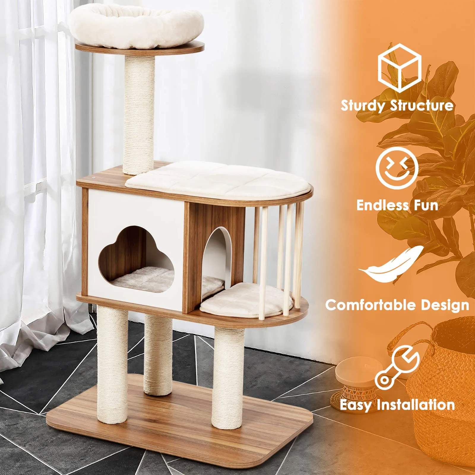 Tangkula Modern Wood Cat Tree, 46 Inches Cat Tower with Platform, Cat Activity Center with Scratching Posts and Washable Cushions