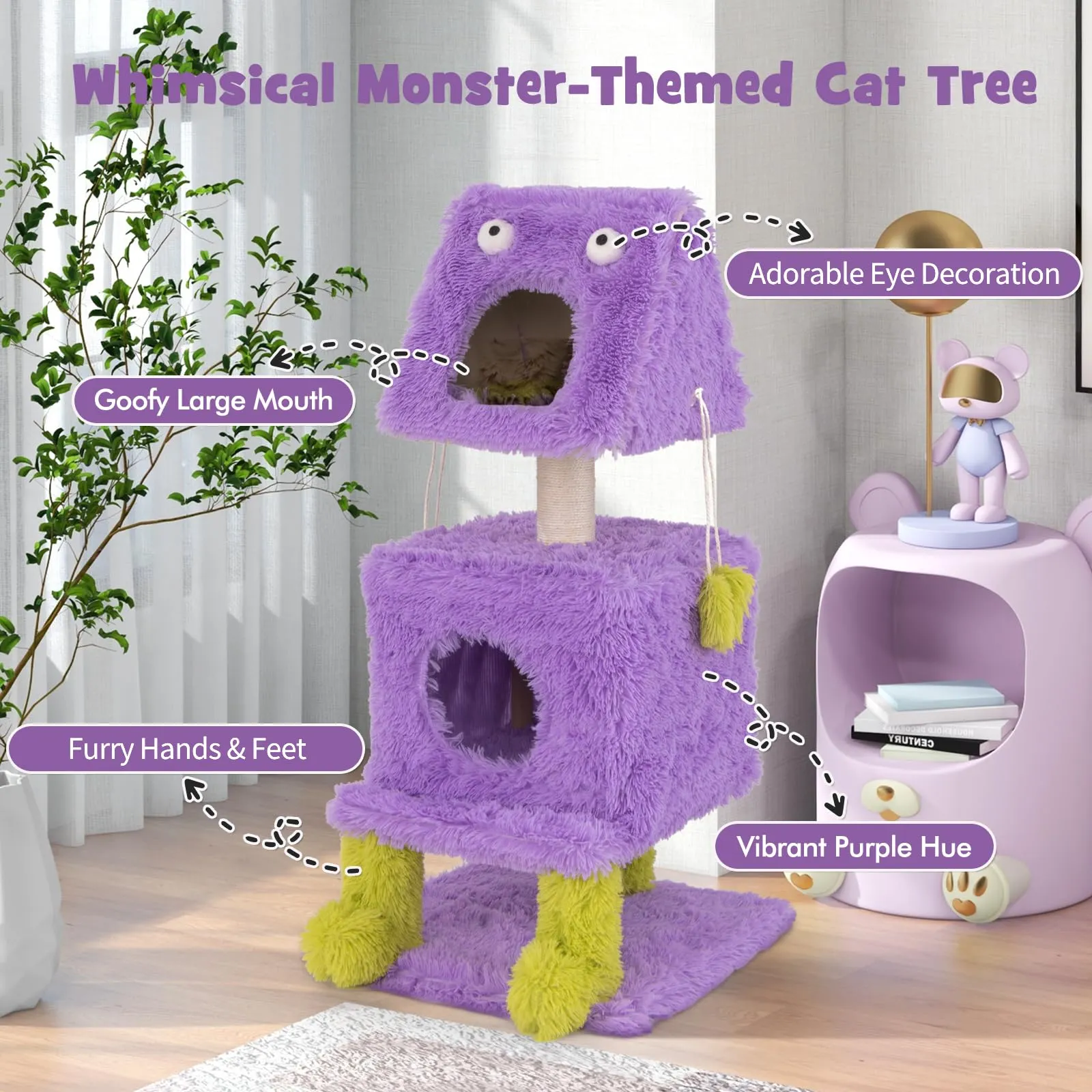 Tangkula Monster-Themed Cat Tree, 3-Level Cat Tower Activity Center with 2 Private Cat Condo