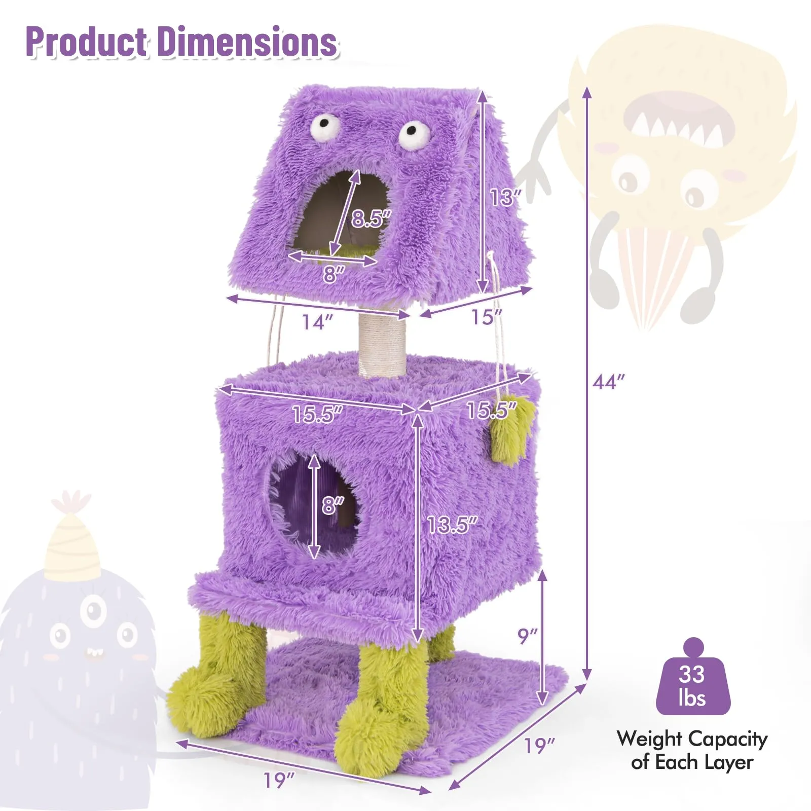 Tangkula Monster-Themed Cat Tree, 3-Level Cat Tower Activity Center with 2 Private Cat Condo