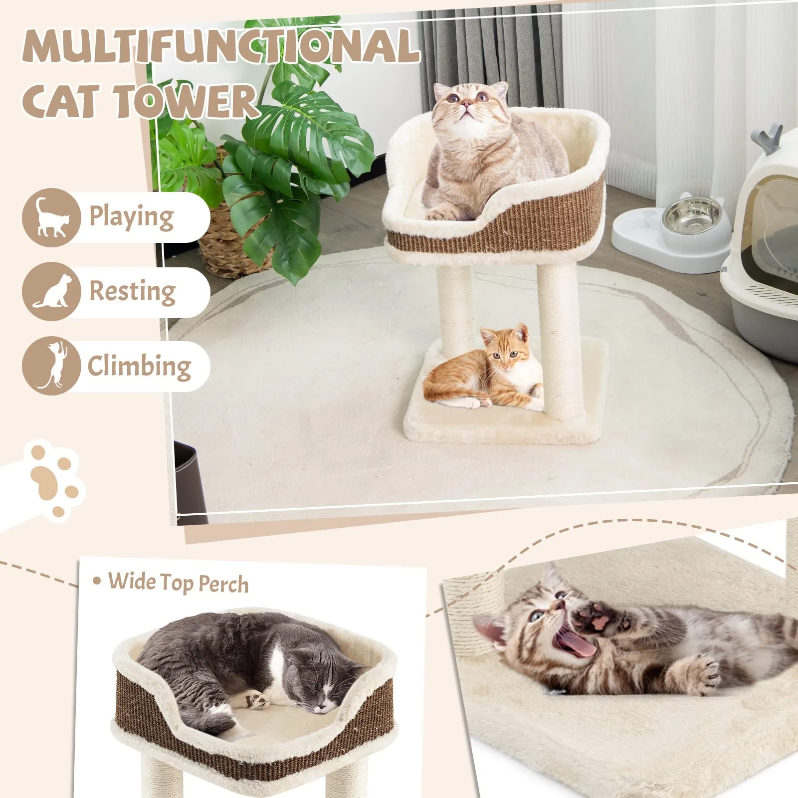 Tangkula Small Cat Tree for Indoor Cats, Modern Carpeted Cat Tower with Soft Plush Perch