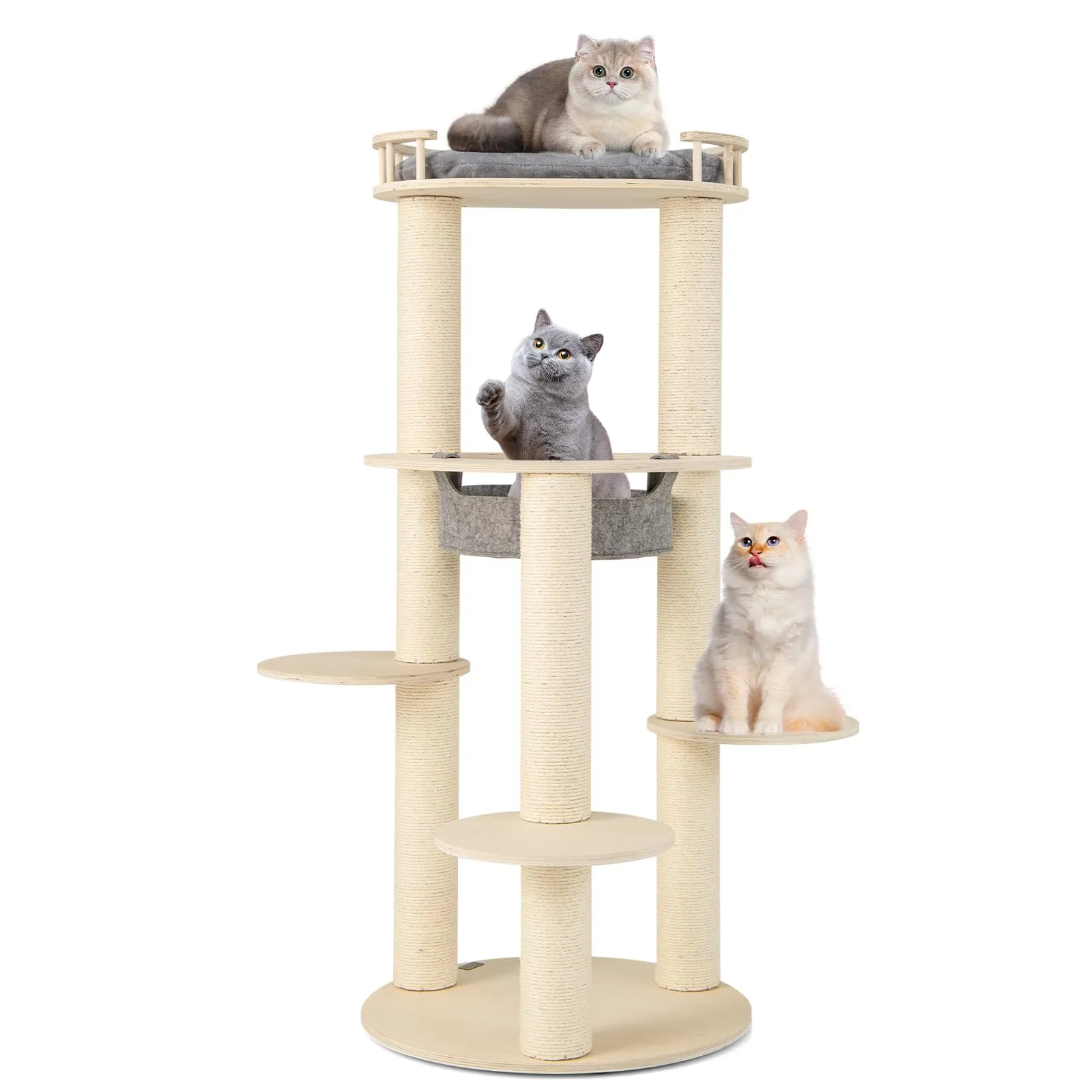 Tangkula Wood Cat Tree, 59 Inch Multi-Level Cat Tower with Top Padded Perch, Hammock, 3 Platforms & Sisal Scratching Posts