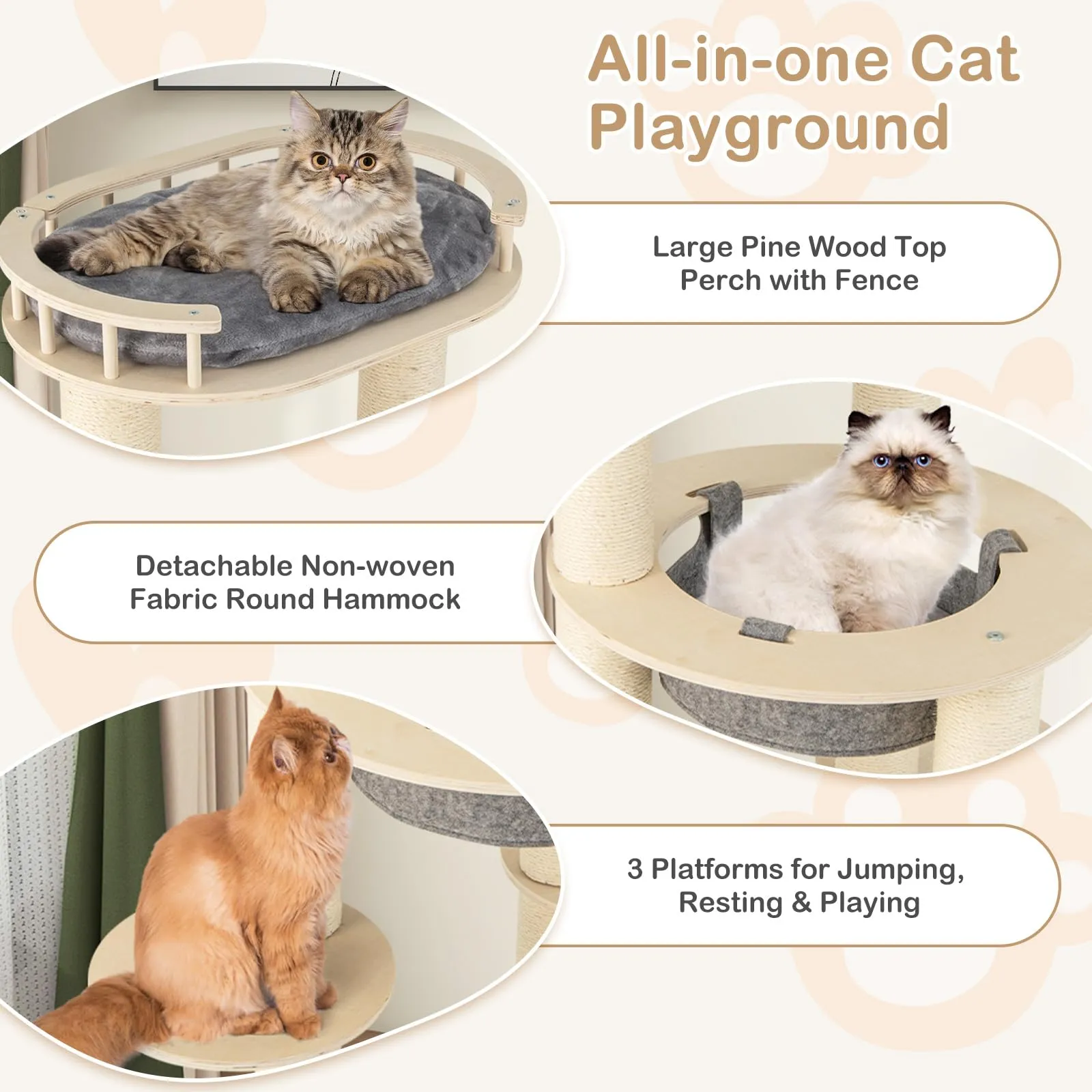 Tangkula Wood Cat Tree, 59 Inch Multi-Level Cat Tower with Top Padded Perch, Hammock, 3 Platforms & Sisal Scratching Posts