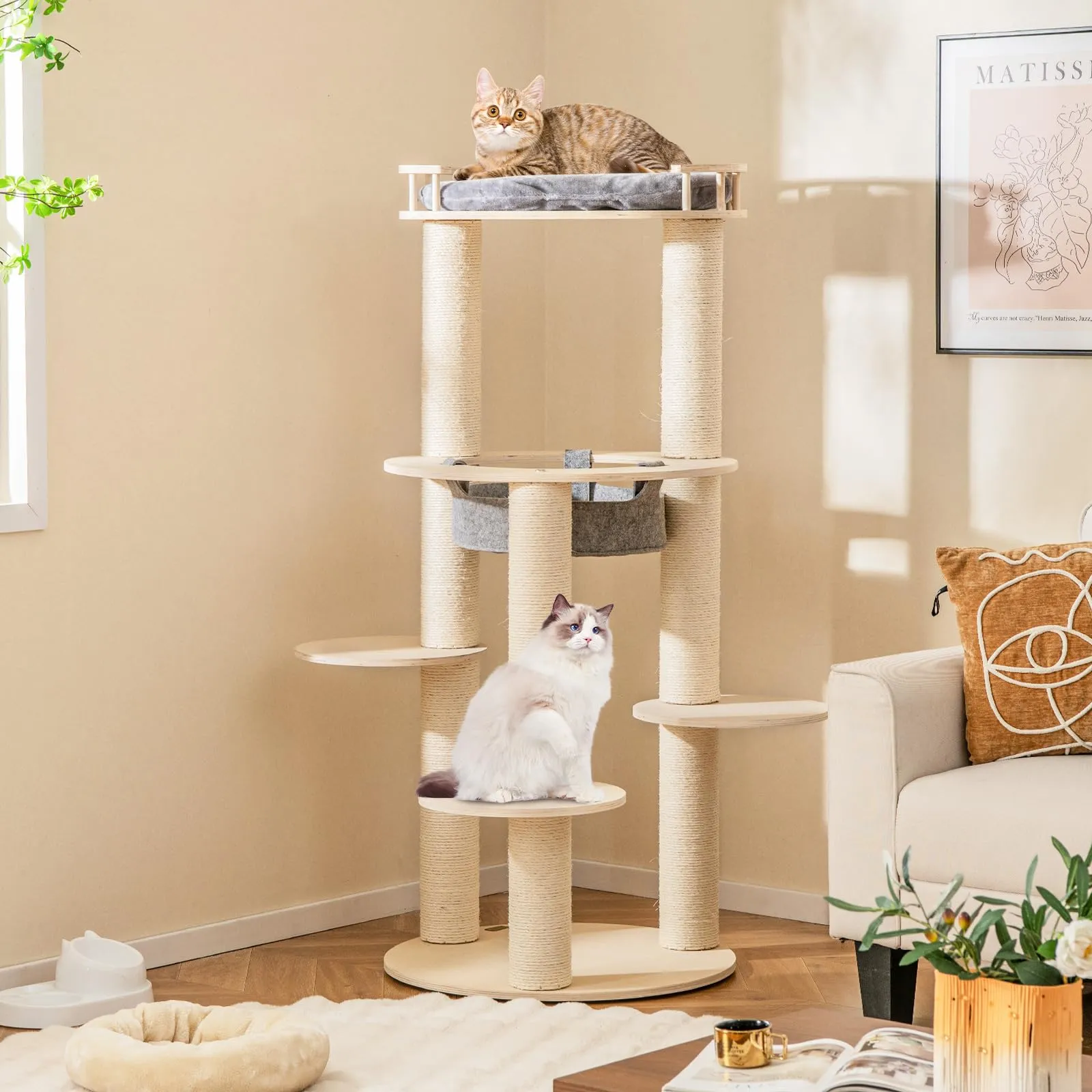 Tangkula Wood Cat Tree, 59 Inch Multi-Level Cat Tower with Top Padded Perch, Hammock, 3 Platforms & Sisal Scratching Posts