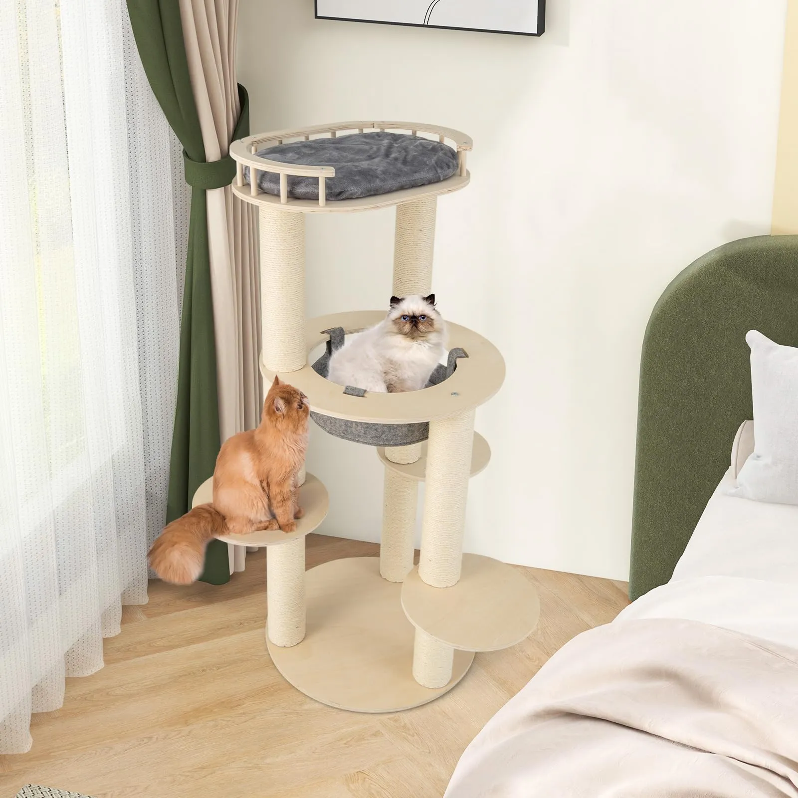 Tangkula Wood Cat Tree, 59 Inch Multi-Level Cat Tower with Top Padded Perch, Hammock, 3 Platforms & Sisal Scratching Posts