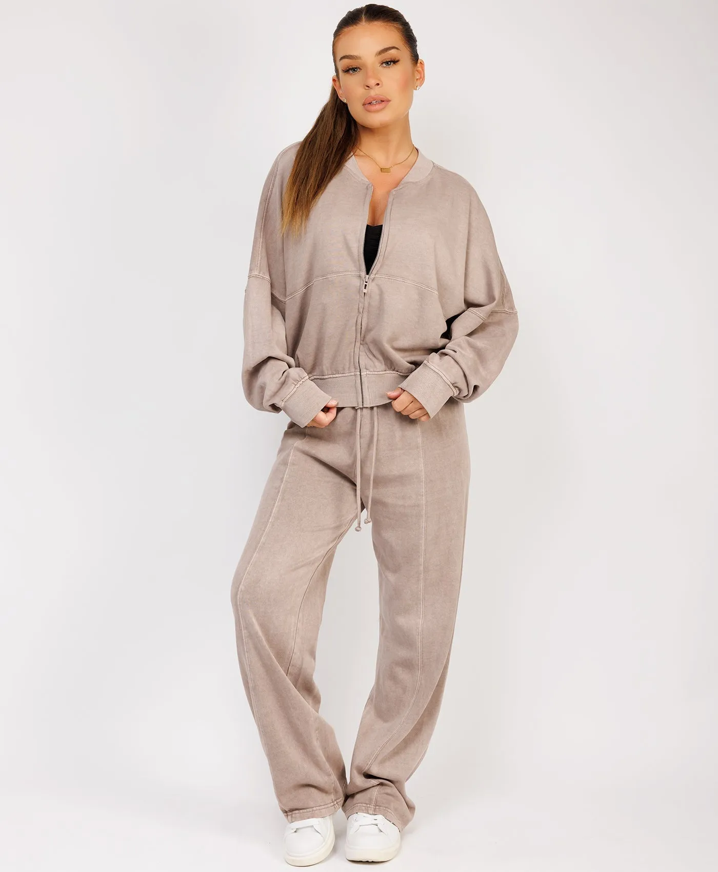 Taupe Stonewashed Zipped Bomber Jacket & Joggers Loungewear Set