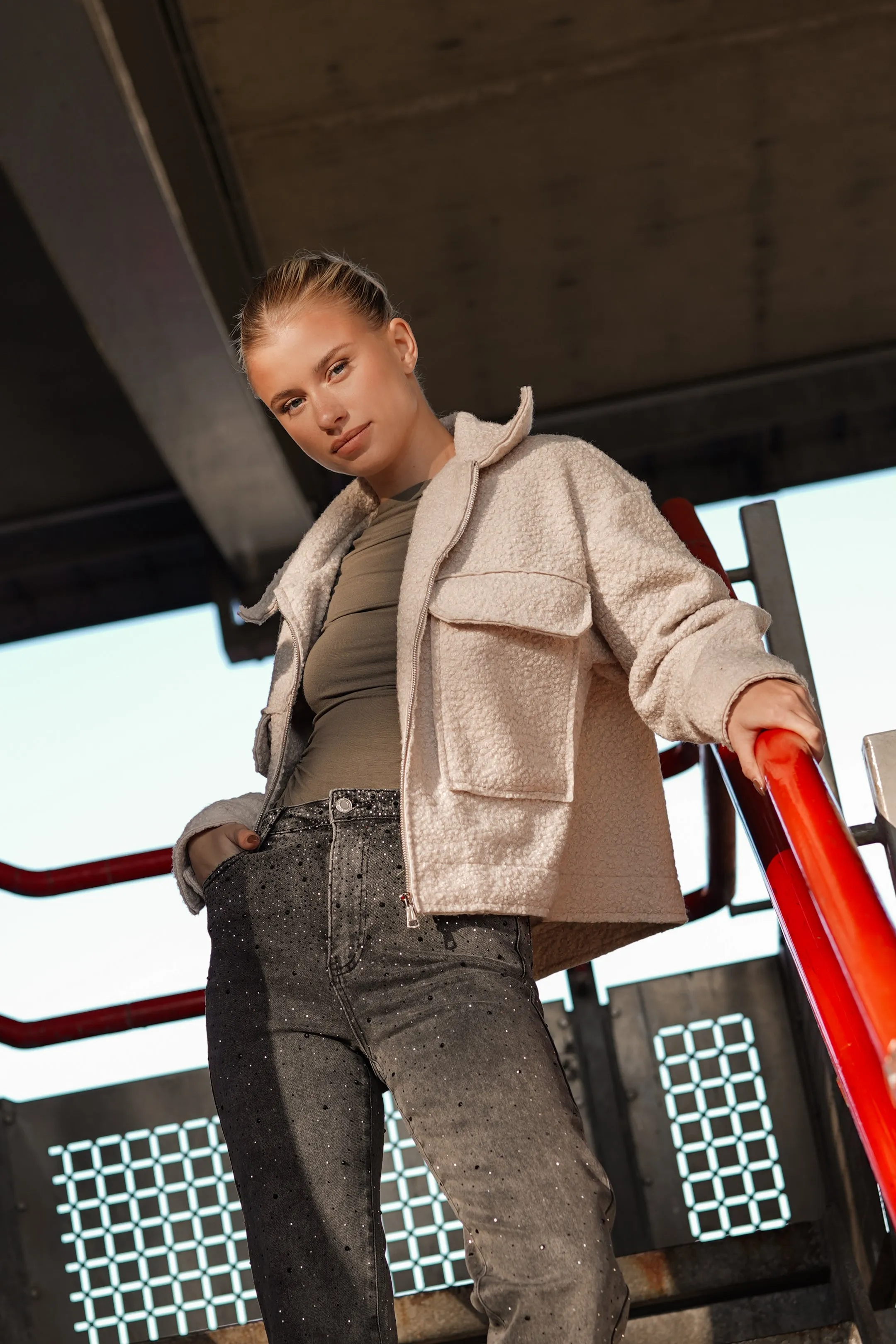 Teddy bomber jacket met rits beige - Xaja