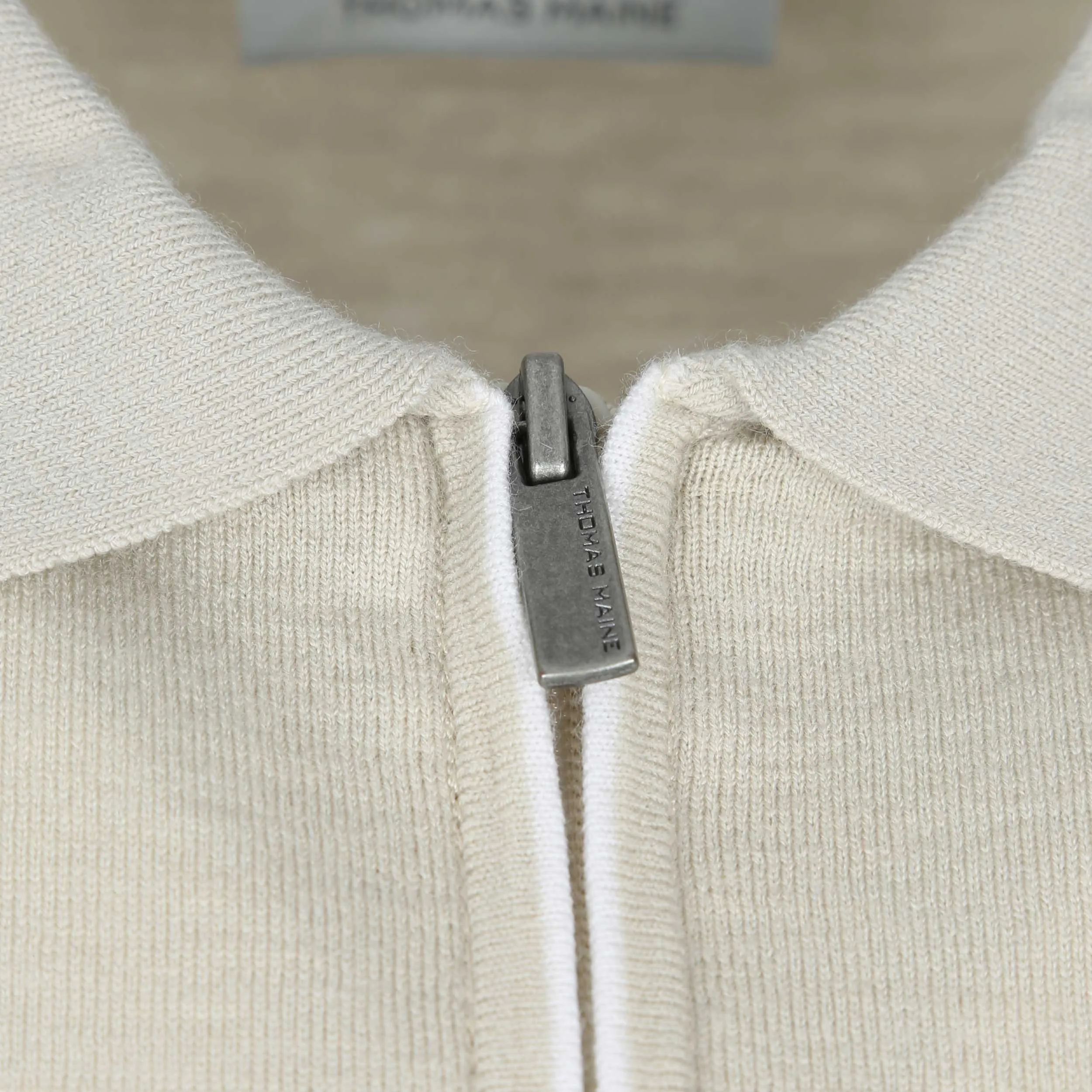 Thomas Maine Knitted Zip Polo Shirt in Beige