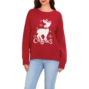 Toleet-Christmas Sweaters Jumpers Reindeer Letter Bow Long Sleeve Round Neck Ribbed Knitted Tops Women's Autumn Pullovers Knitwear