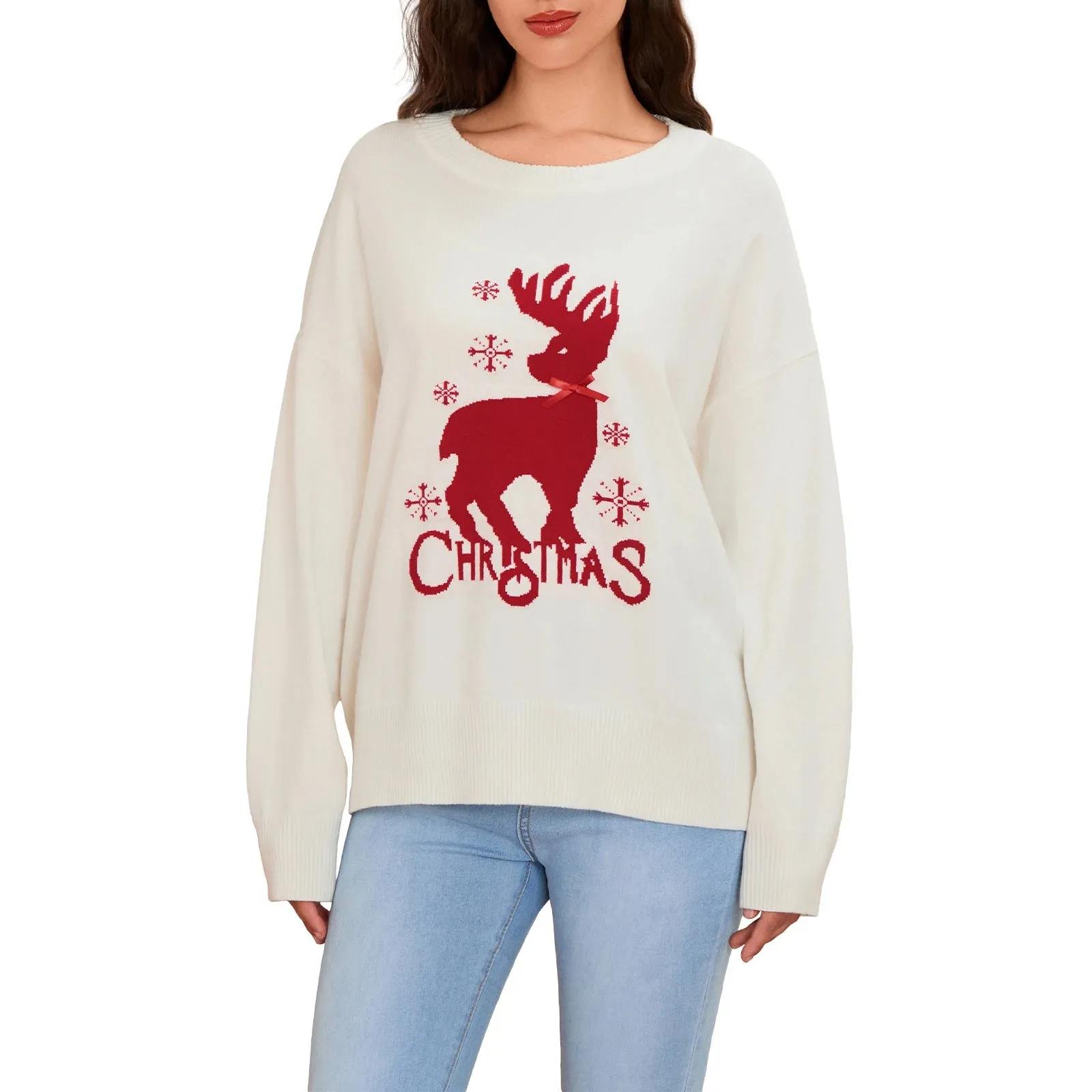 Toleet-Christmas Sweaters Jumpers Reindeer Letter Bow Long Sleeve Round Neck Ribbed Knitted Tops Women's Autumn Pullovers Knitwear