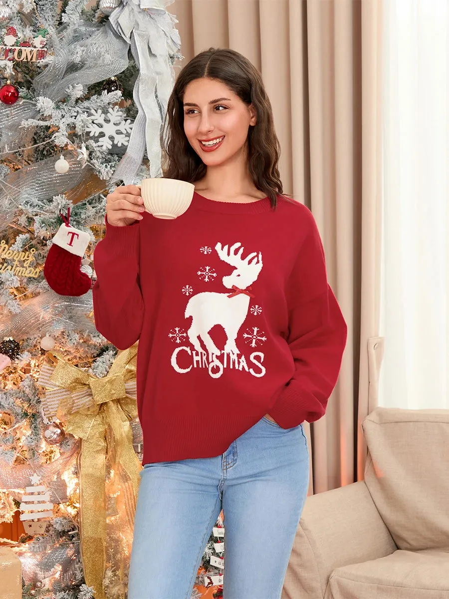 Toleet-Christmas Sweaters Jumpers Reindeer Letter Bow Long Sleeve Round Neck Ribbed Knitted Tops Women's Autumn Pullovers Knitwear