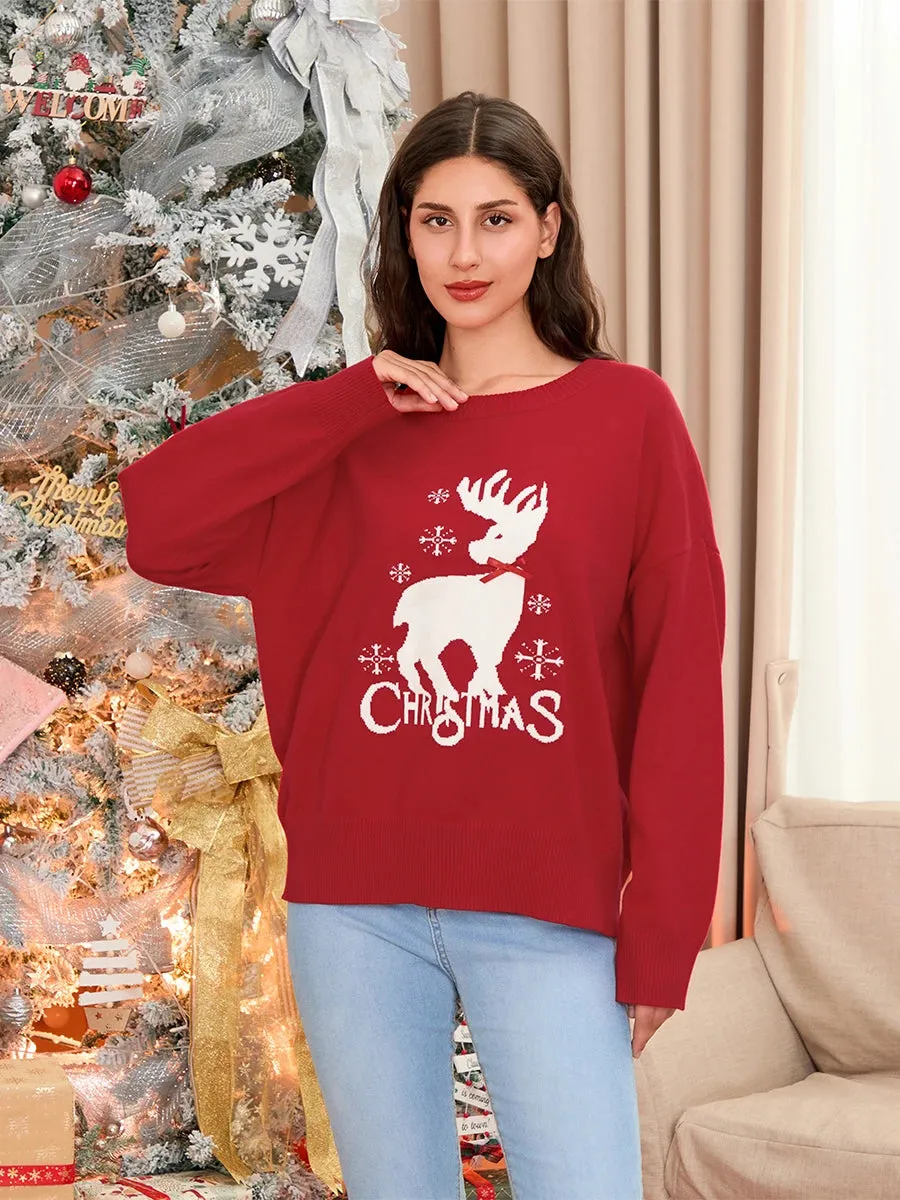 Toleet-Christmas Sweaters Jumpers Reindeer Letter Bow Long Sleeve Round Neck Ribbed Knitted Tops Women's Autumn Pullovers Knitwear