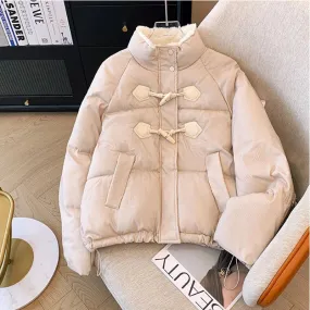 Toleet-Winter Outfits Christmas Black Friday Winter Cotton Fleece Wool Padded Parka Horn Button College Girl Student Puffer Jacket Short Loose and Thick Bread Coat