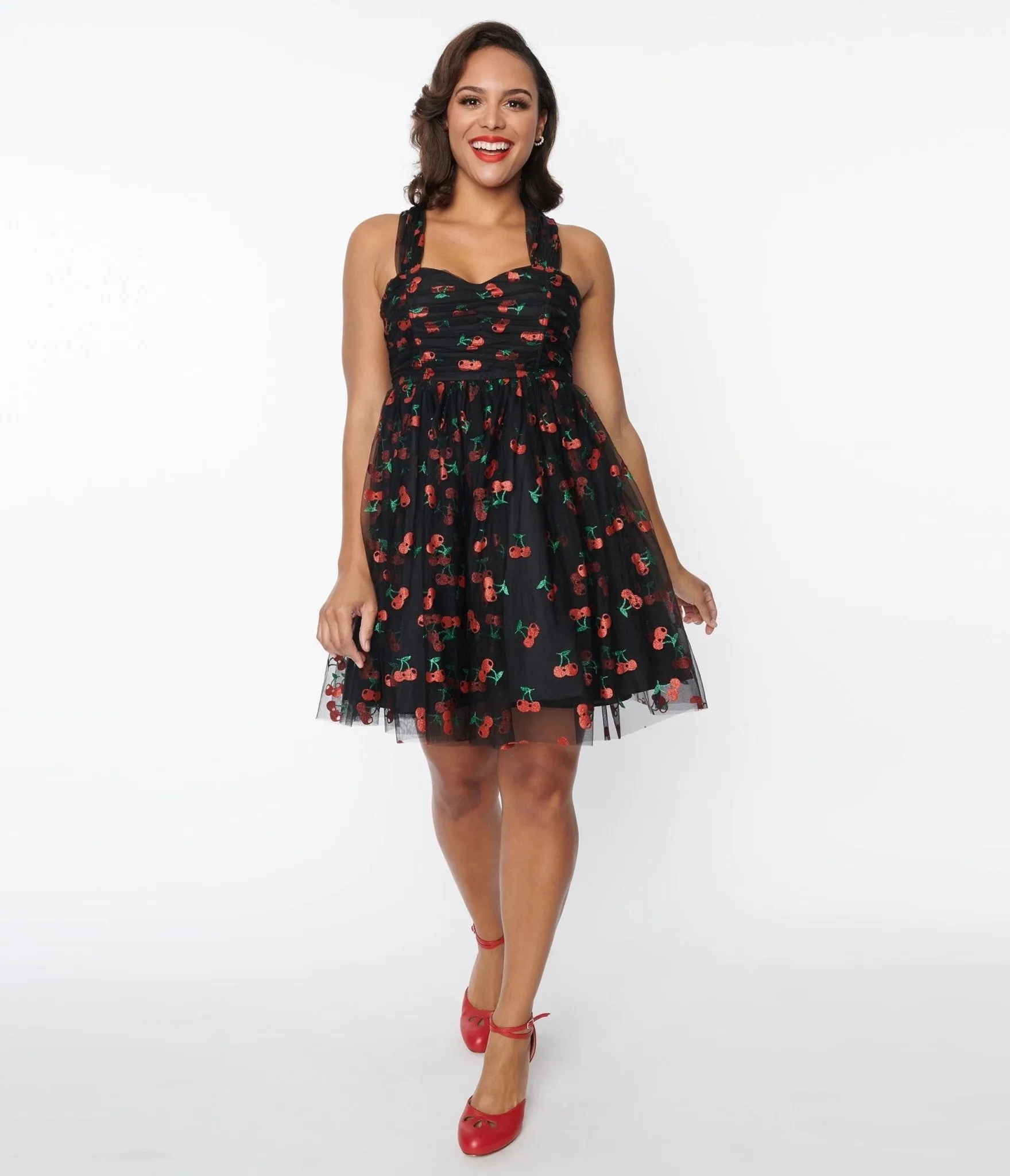 Unique Vintage Black & Glitter Cherry Print Heart & Soul Babydoll Dress