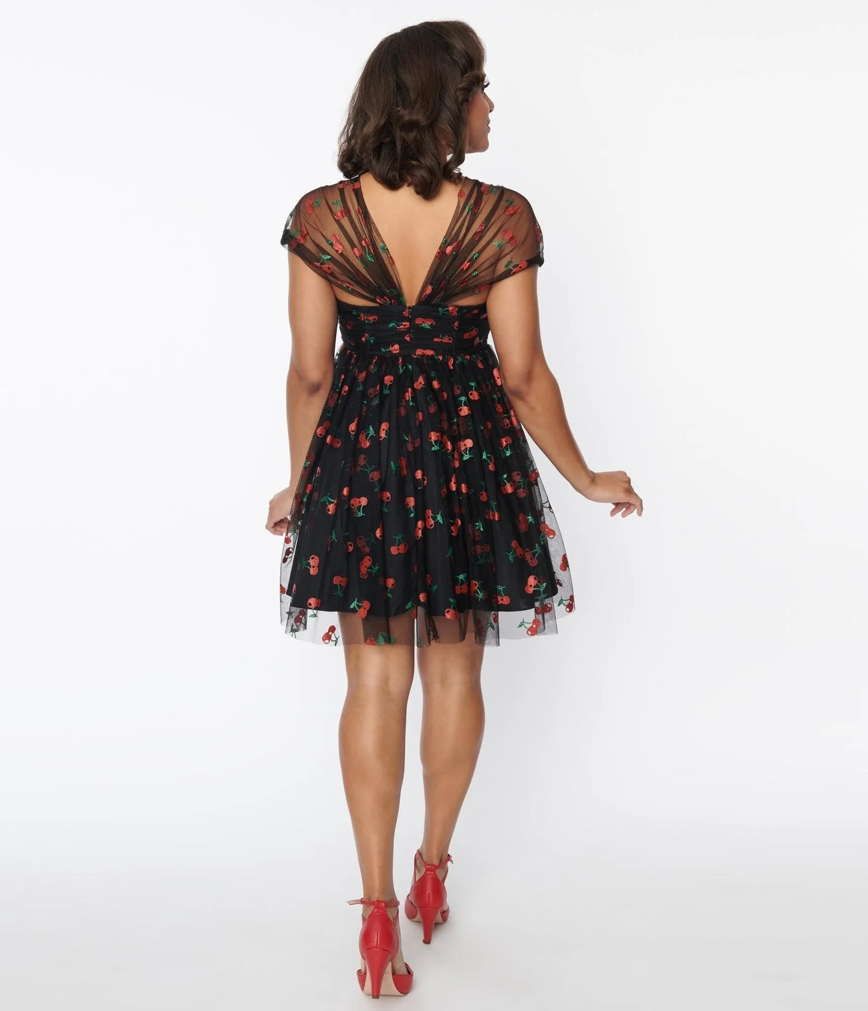 Unique Vintage Black & Glitter Cherry Print Heart & Soul Babydoll Dress