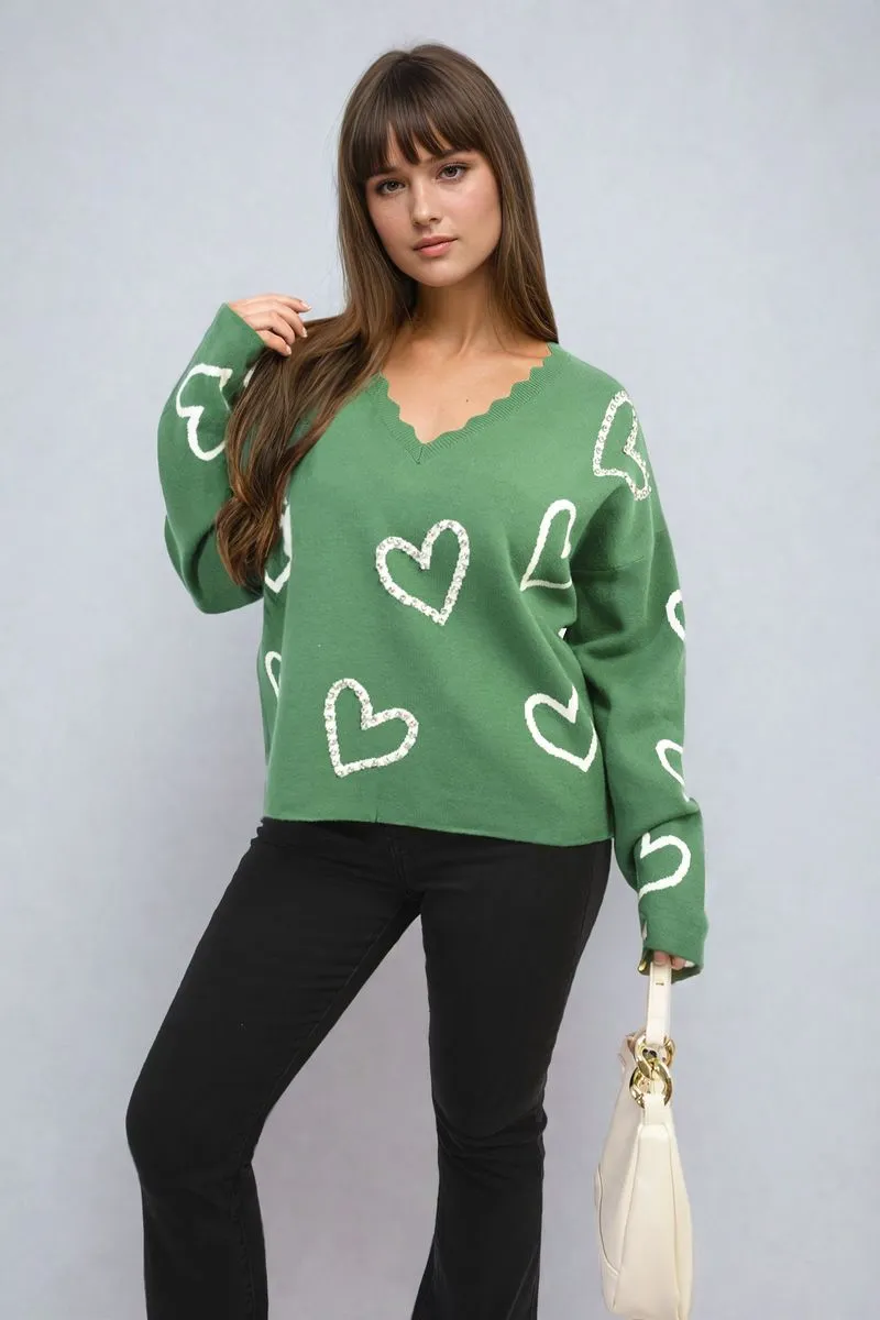 V-neck Embellished Hearts Long Sleeve Knitted Jumper