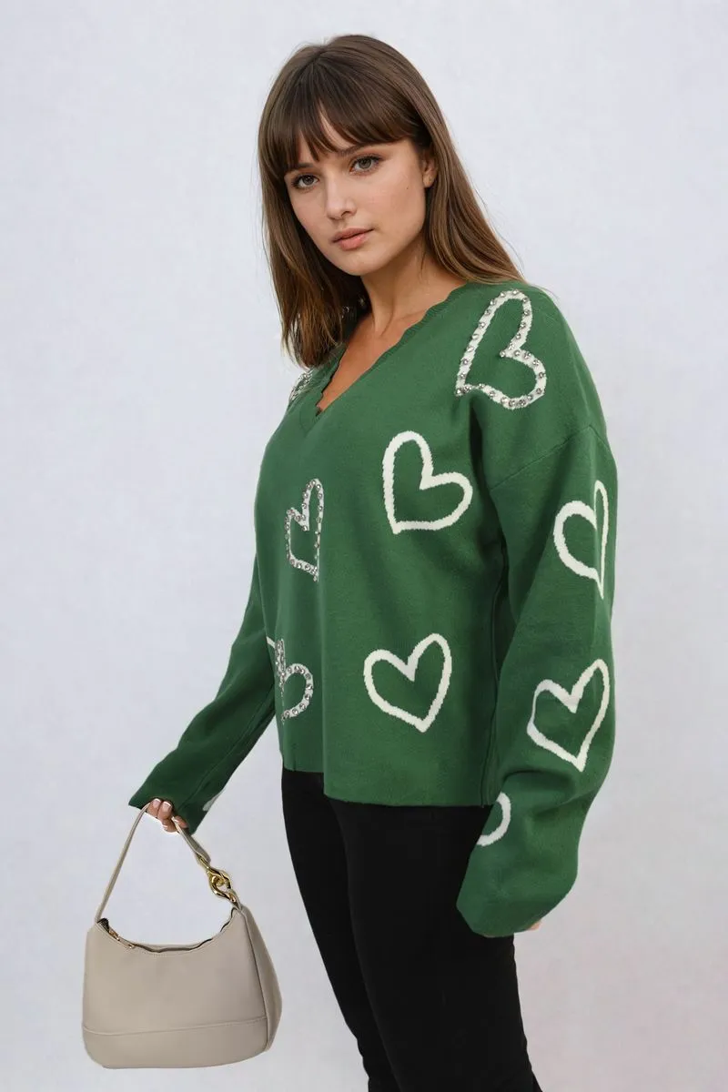 V-neck Embellished Hearts Long Sleeve Knitted Jumper