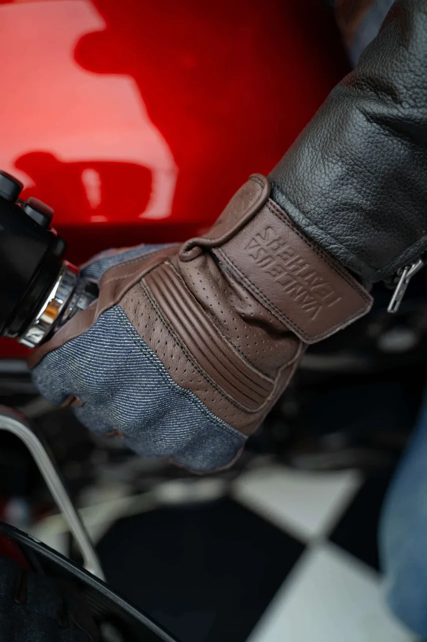 Vance Denim & Leather Motorcycle Gloves (Brown) with Mobile Phone Touchscreen