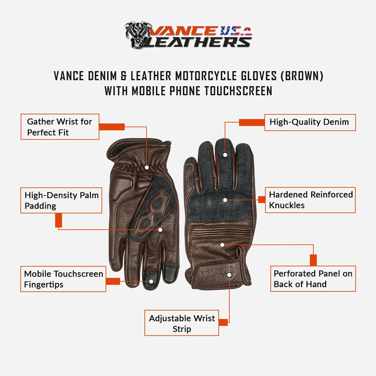 Vance Denim & Leather Motorcycle Gloves (Brown) with Mobile Phone Touchscreen