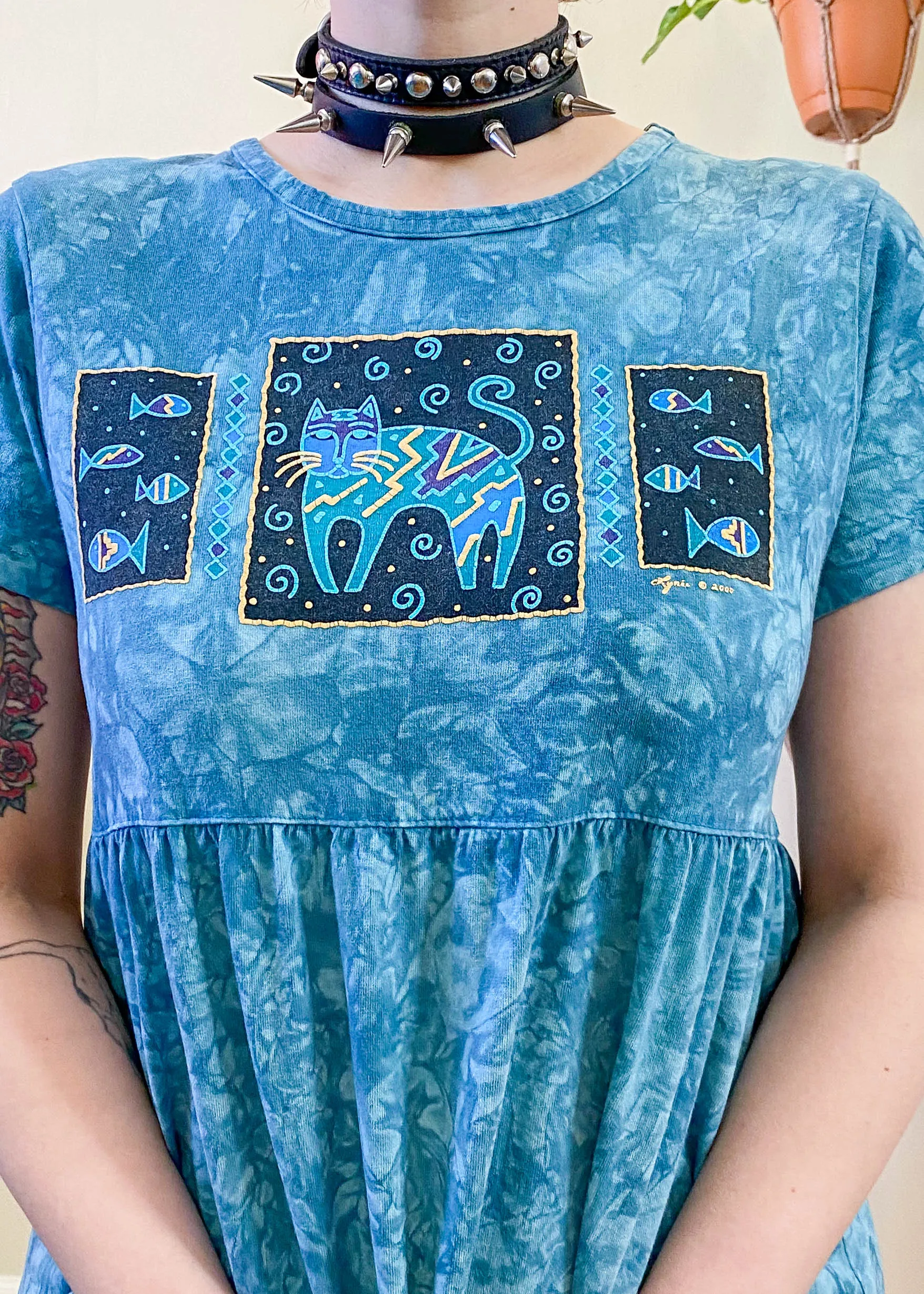 Vintage Teal Tie Dye Cat Dress - L