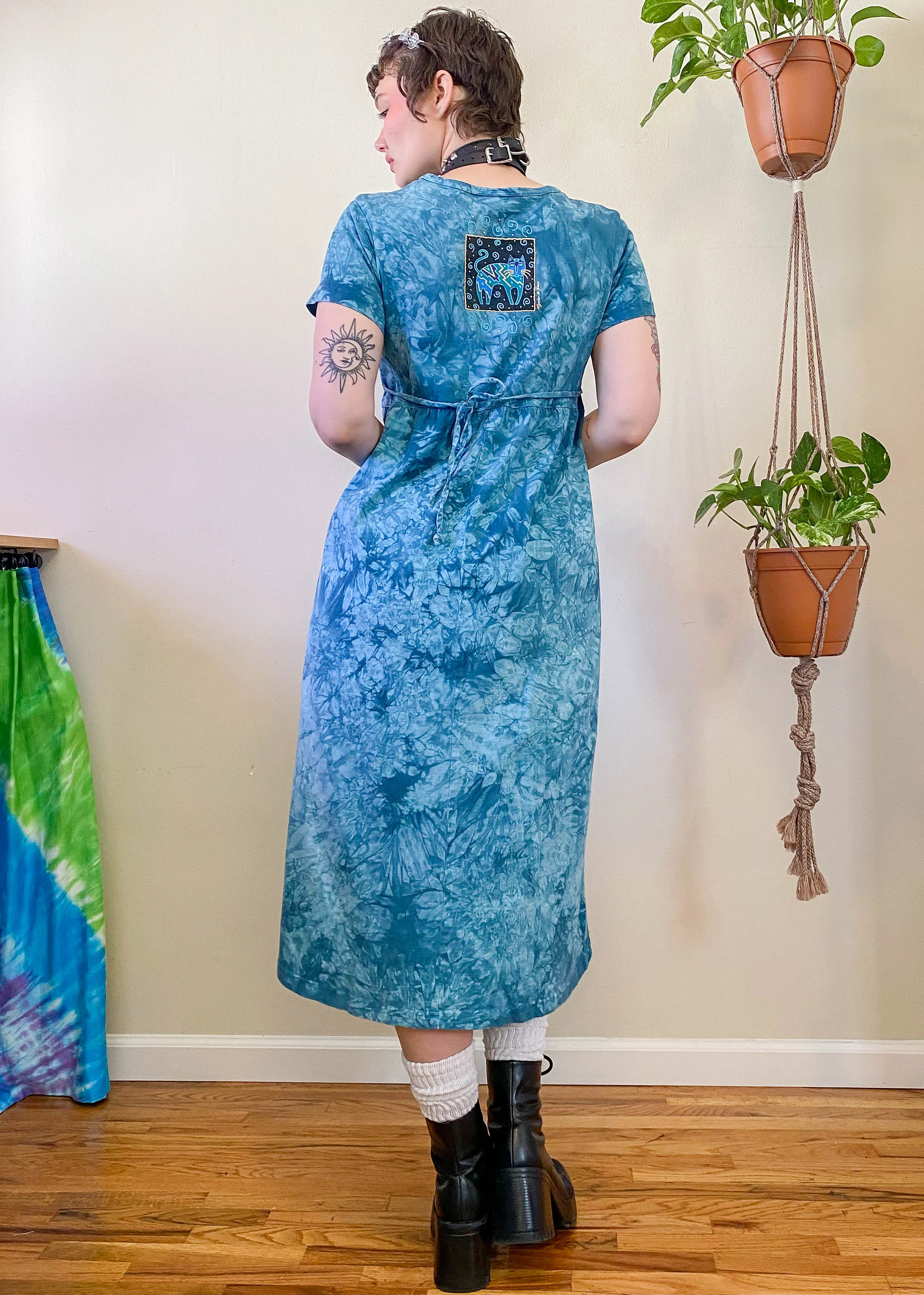 Vintage Teal Tie Dye Cat Dress - L