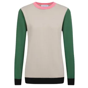 Women's beige Knitted T-shirt with  green sleeves