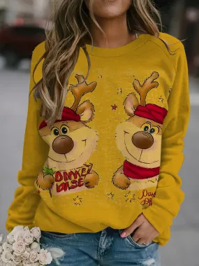 Women's Festive Christmas Reindeer Print Long Sleeve T-Shirt - Casual & Stylish, Perfect for Fall/Winter