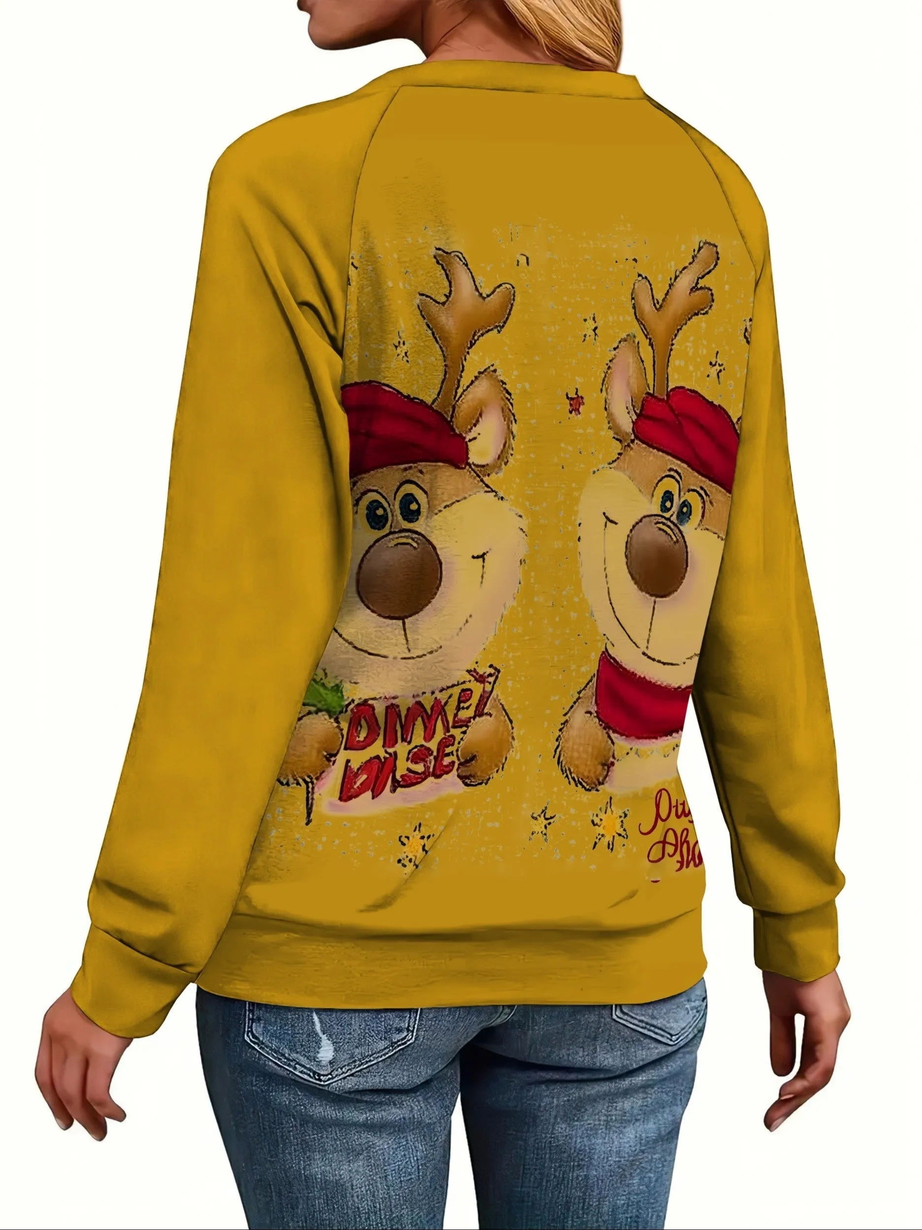 Women's Festive Christmas Reindeer Print Long Sleeve T-Shirt - Casual & Stylish, Perfect for Fall/Winter