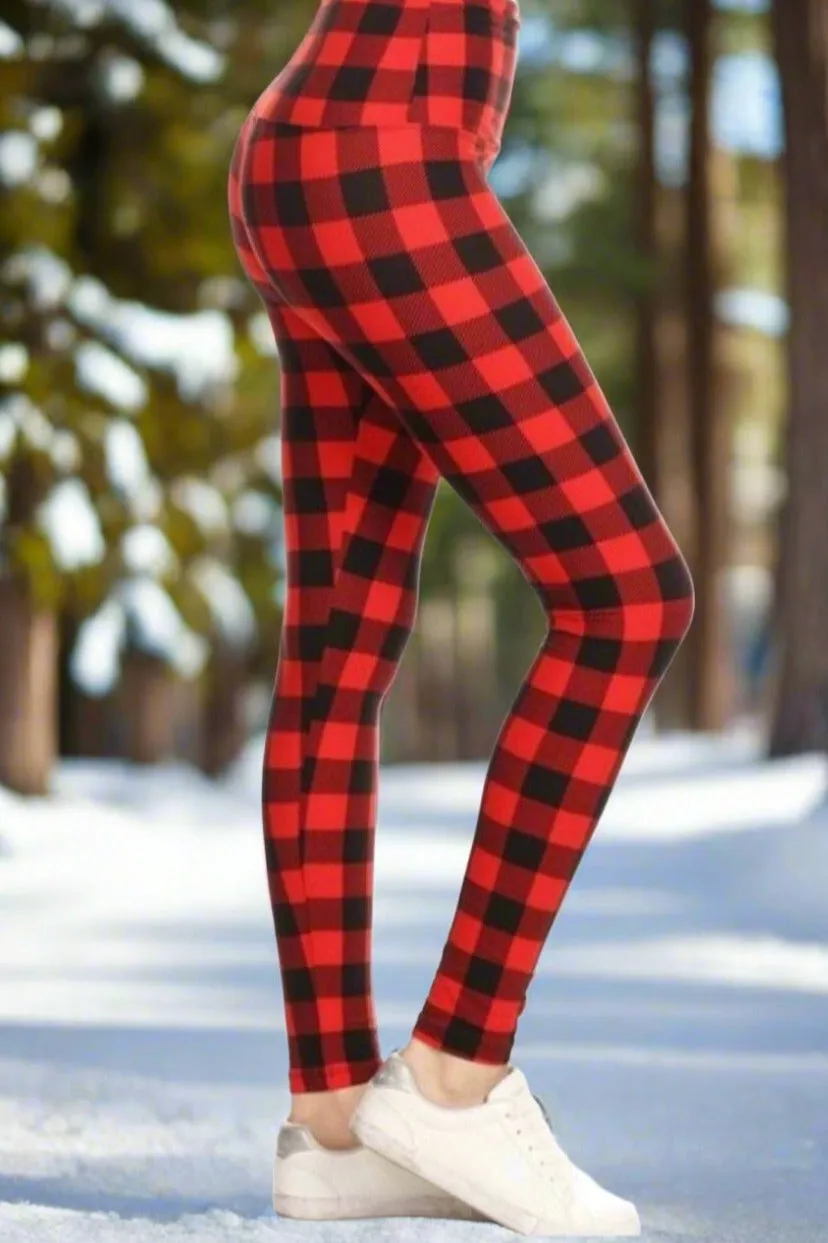 Womens Red Plaid Christmas Leggings, Holiday Leggings, Soft Yoga Pants, Sizes OS/TC/TC2, Red/Black, Exclusive Leggings